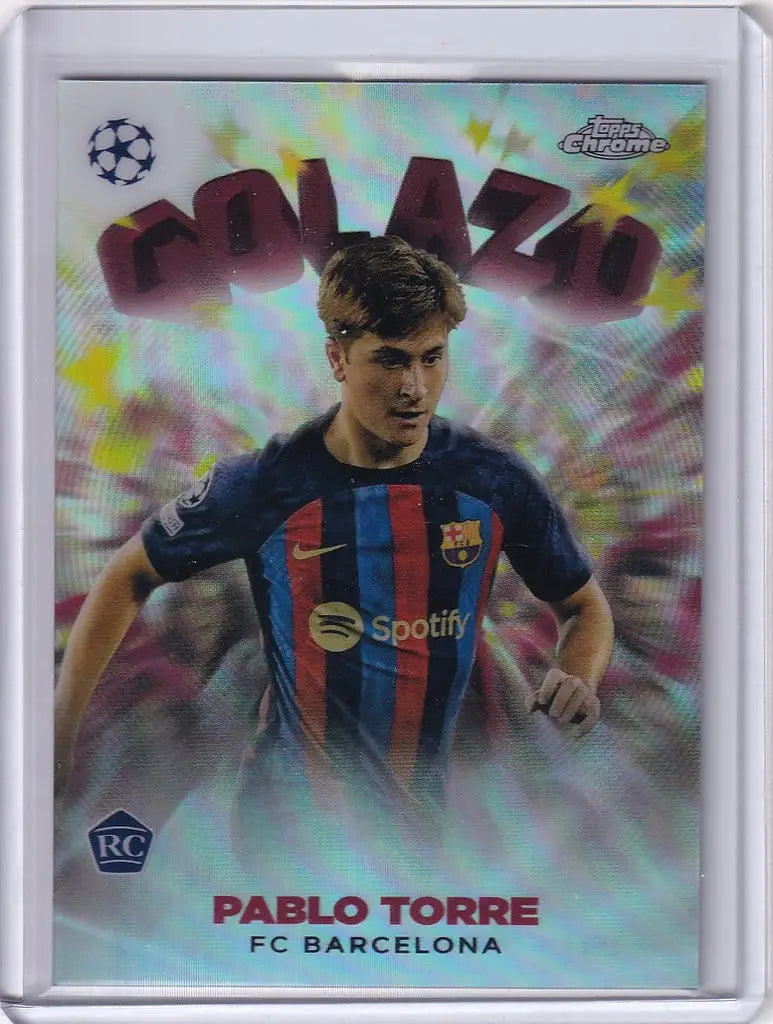 Soccer trading card of Pablo Torre in FC Barcelona’s jersey from Topps Chrome UEFA Golazo