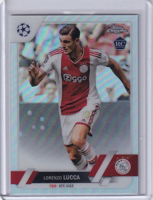 Soccer trading card of Lorenzo Lucca AFC Ajax from Topps Chrome UEFA Refractor series