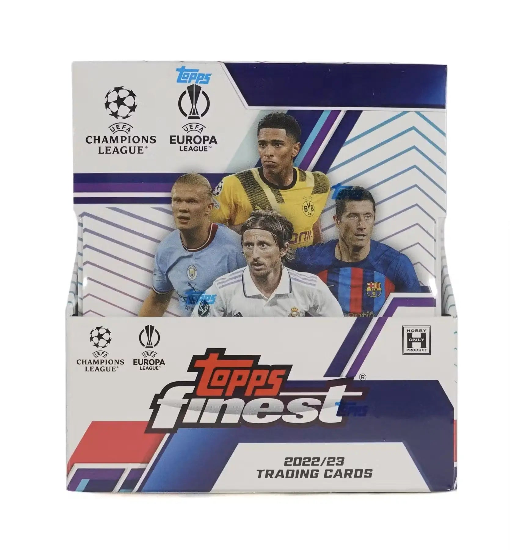 Topps Finest 2022/23 UEFA trading cards box featuring sequentially numbered refractor parallels