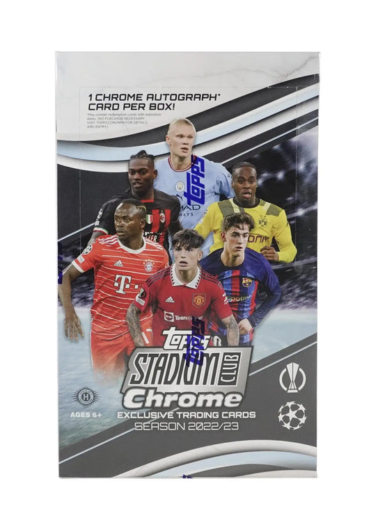 2022-23 Topps UEFA Champions League Stadium Club Chrome soccer card box with refractor parallel