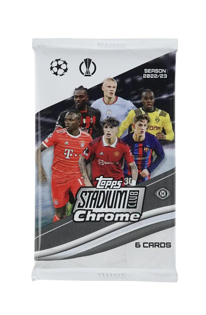 Sealed pack of 2022-23 Topps Stadium Club Chrome UEFA Champions League cards with refractor parallel