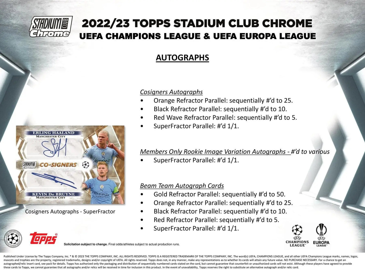 Product information card for 2022/23 Topps Stadium Club Chrome UEFA autograph card variations including refractor parallel options