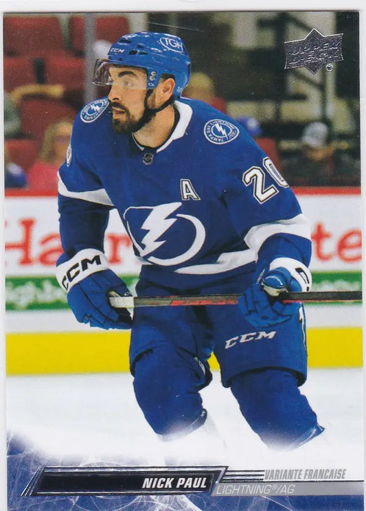 Hockey player in blue Tampa Bay Lightning jersey number 21 for Nick Paul French Variante