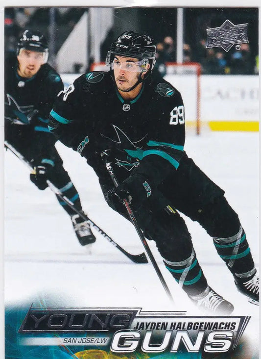 Hockey player in teal jersey skating on ice, Jayden Halbgewachs Young Gun San Jose Sharks