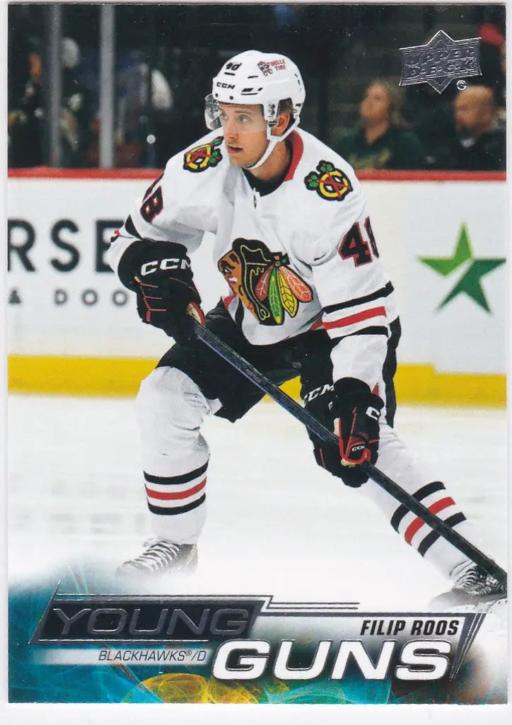 Filip Roos skating on ice in Chicago Blackhawks uniform for Young Guns Chicago card