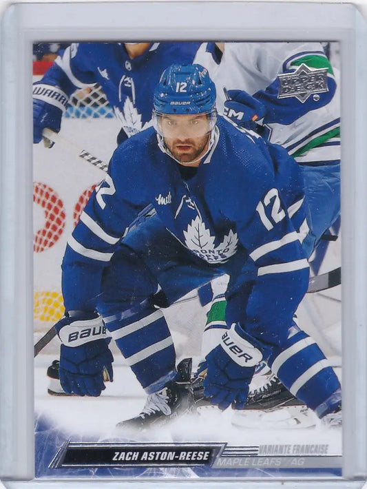 Hockey player in a blue Toronto Maple Leafs jersey skating on ice for French Young Gun version