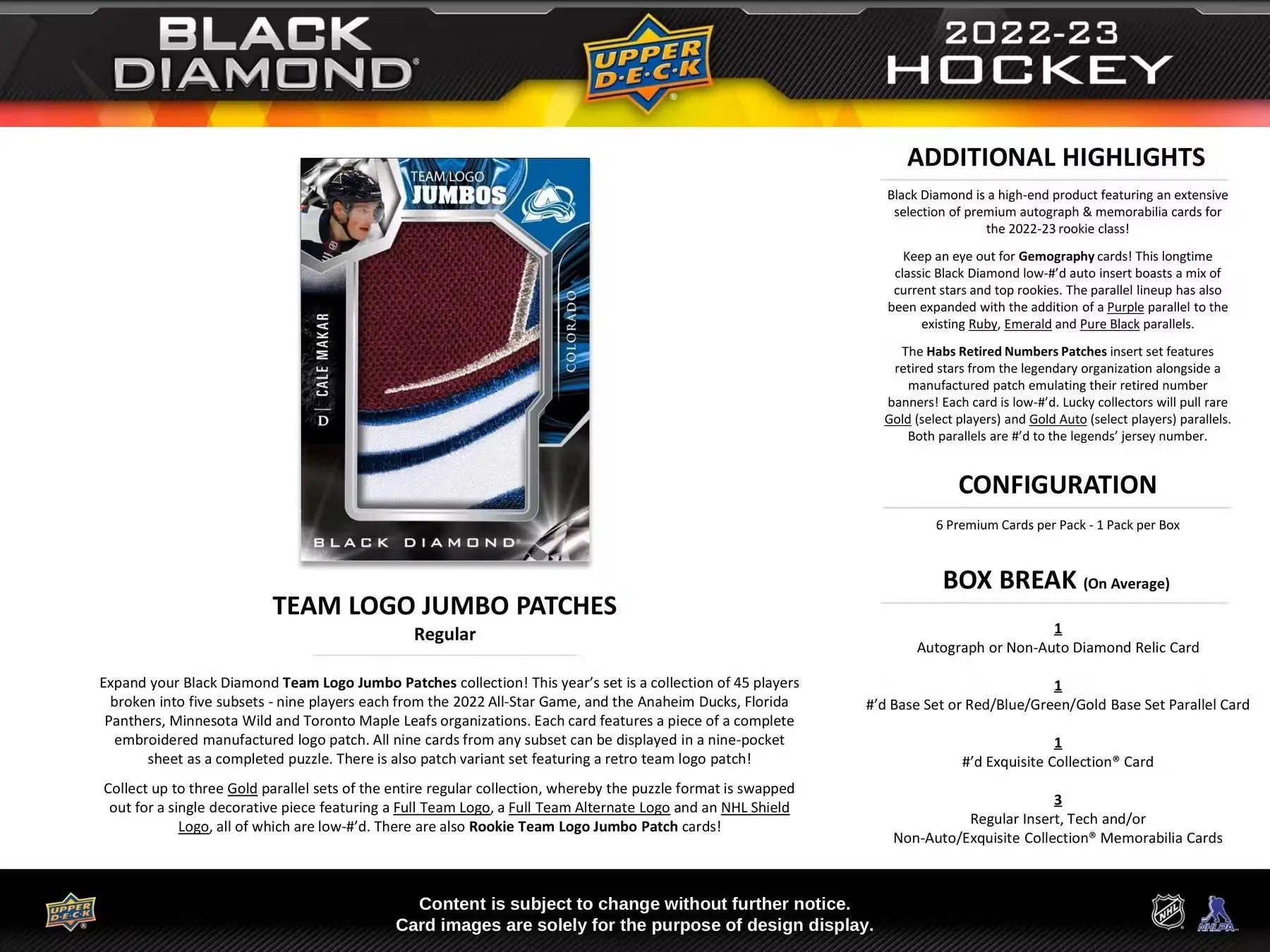 Hockey jersey patch card from 2022-23 Upper Deck Black Diamond exquisite collection