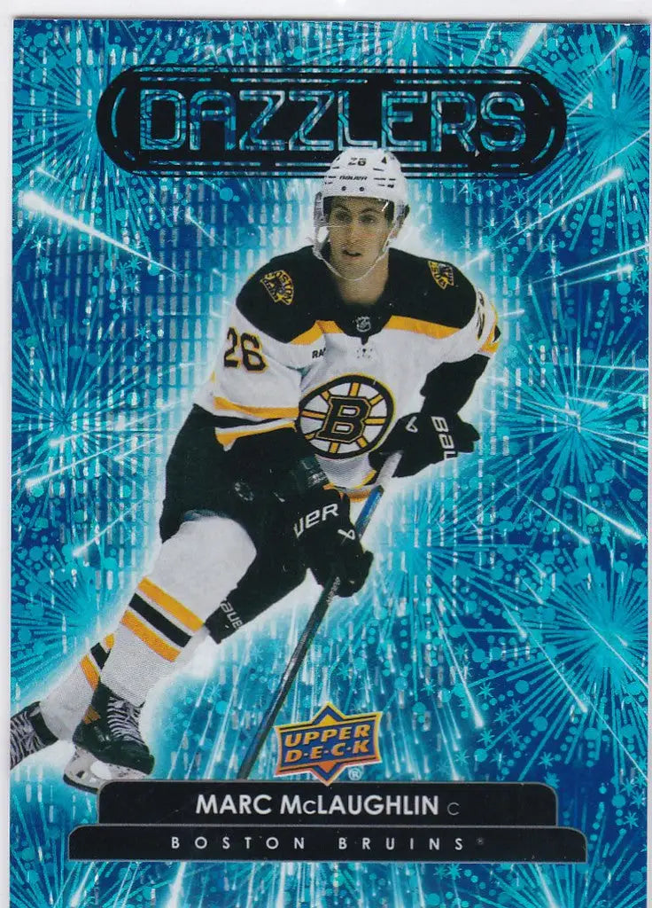 Hockey trading card of Marc McLaughlin Boston Bruins on upper deck blue dazzler background