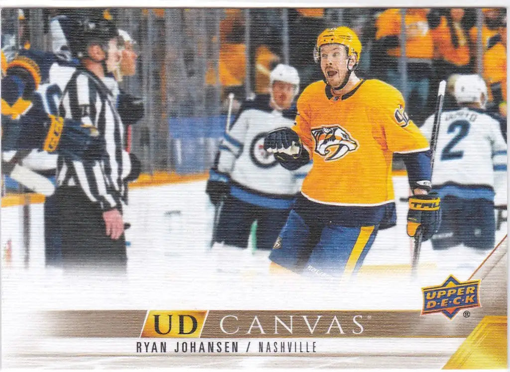 Hockey player in yellow jersey skating, featured in Ryan Johansen Canvas Card