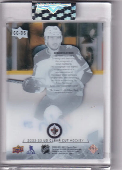 Hockey trading card of Dylan Samberg, Upper Deck Clear Cut Auto, Winnipeg Jets