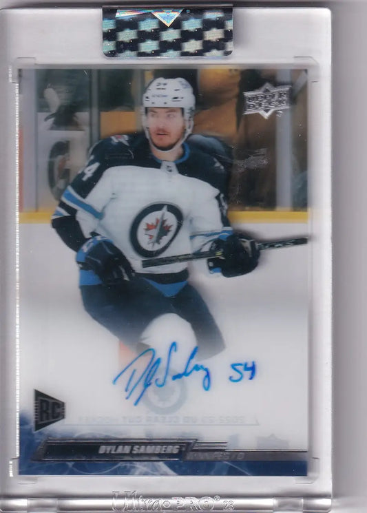 Signed Upper Deck Clear Cut Auto of Winnipeg Jets player Dylan Samberg in white jersey