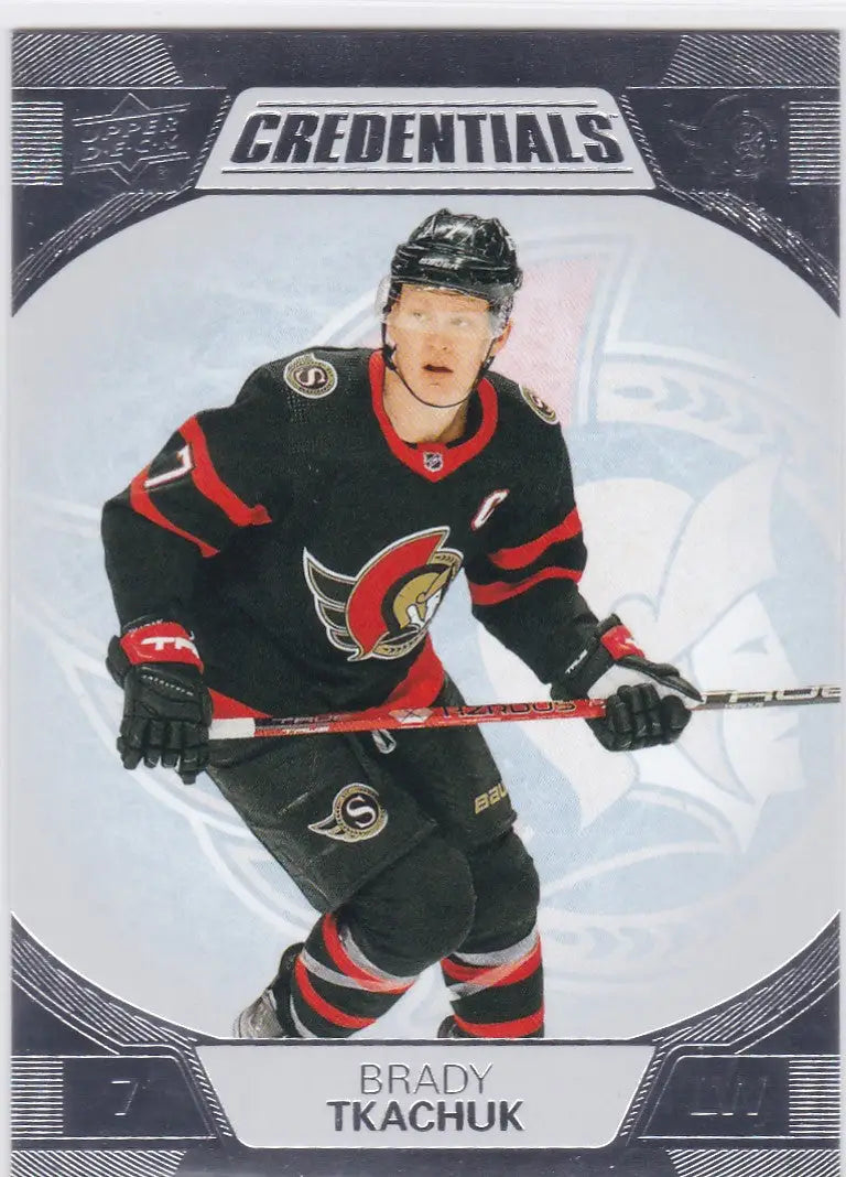 Hockey trading card of Brady Tkachuk Ottawa Senators in action from Upper Deck Credentials