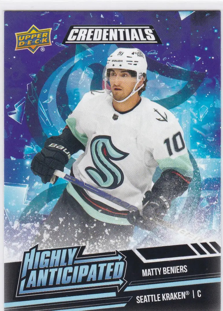 Hockey trading card of Matty Beniers in white jersey for Upper Deck Credentials