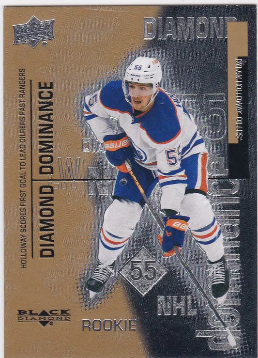 Hockey trading card of Dylan Holloway showcasing Black Diamond Diamond Dominance action