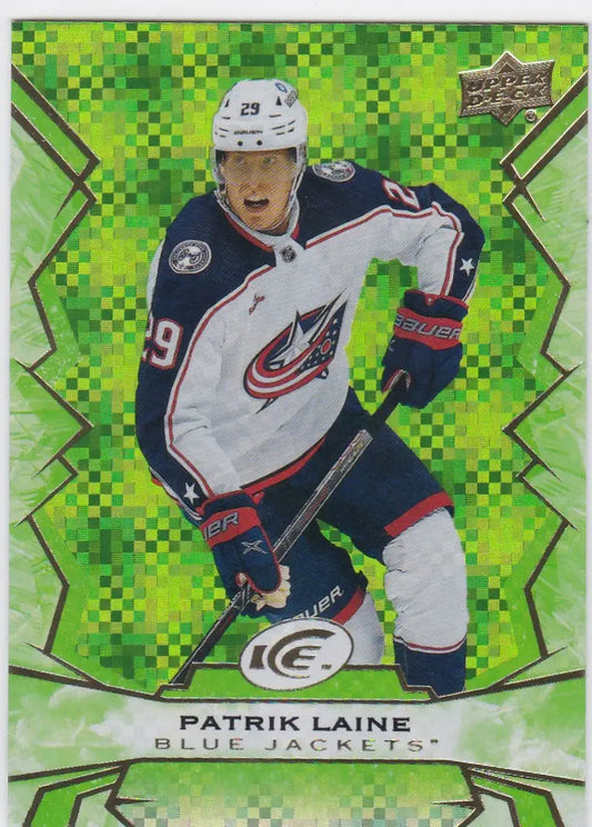 Hockey trading card featuring Patrik Laine of the Columbus Blue Jackets on green background