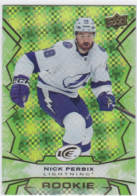 Hockey trading card of Nick Perbix in Tampa Bay Lightning white jersey, Upper Deck Green Ice