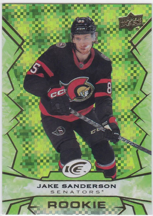 Hockey trading card of Jake Sanderson Green Rookie from Upper Deck Ice Ottawa Senators