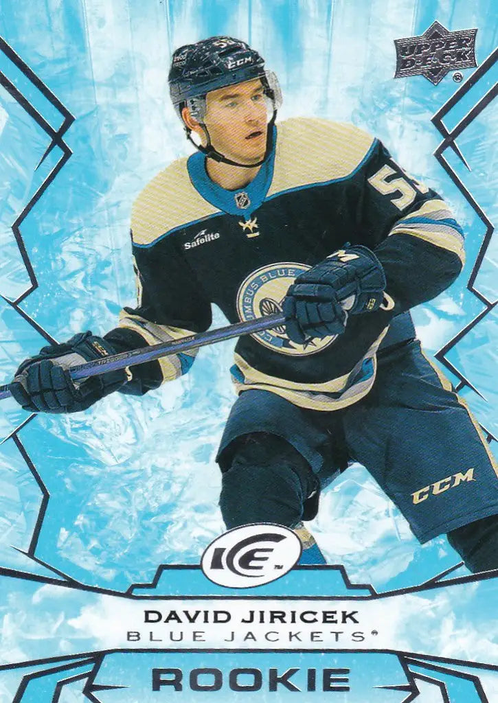 Hockey player trading card of David Jiricek rookie in dark Blue Jackets uniform