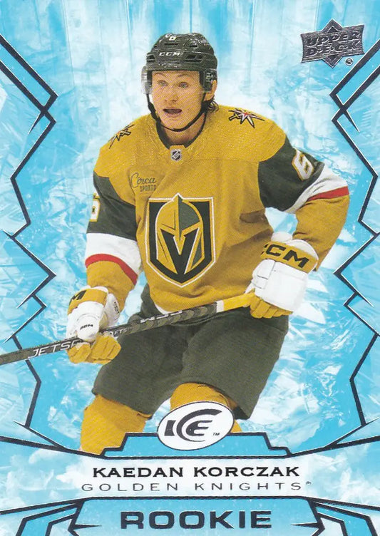 Hockey player in yellow Vegas Golden Knights jersey showcasing Kaedan Korczak Rookie RC