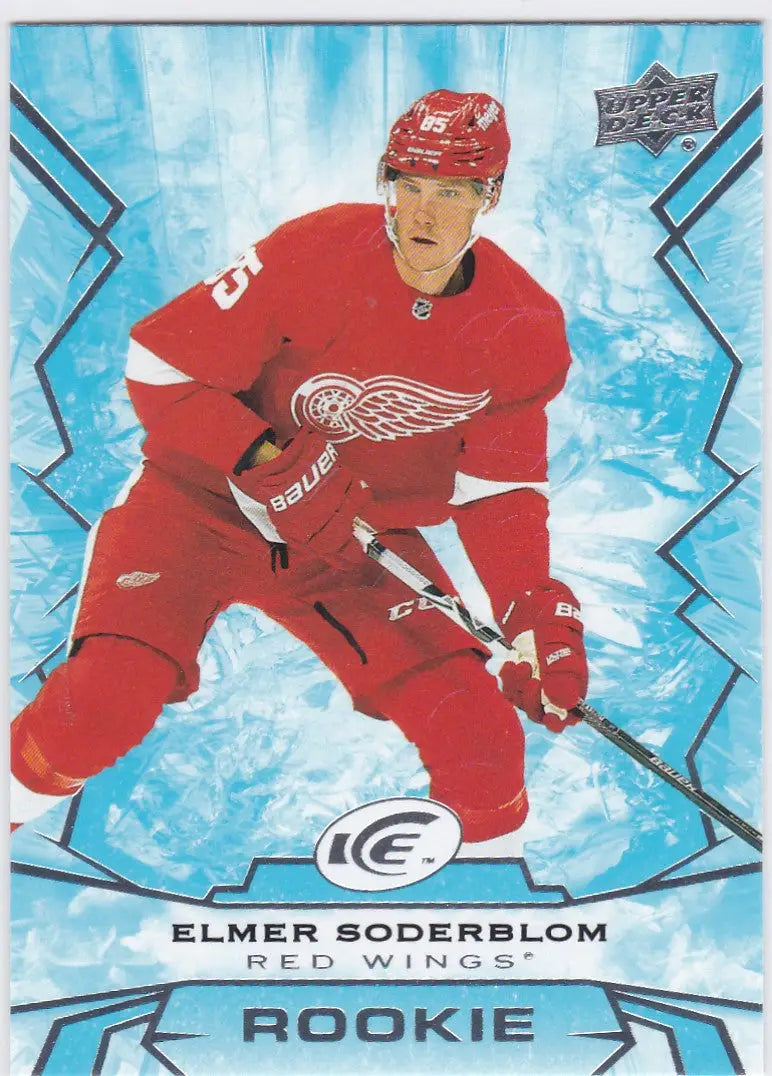 Hockey player in red Detroit Red Wings jersey skating, Upper Deck Ice Elmer Soderblom Rookie