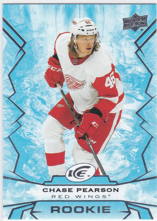 Hockey player in Detroit Red Wings jersey for Upper Deck Ice Chase Pearson Rookie card