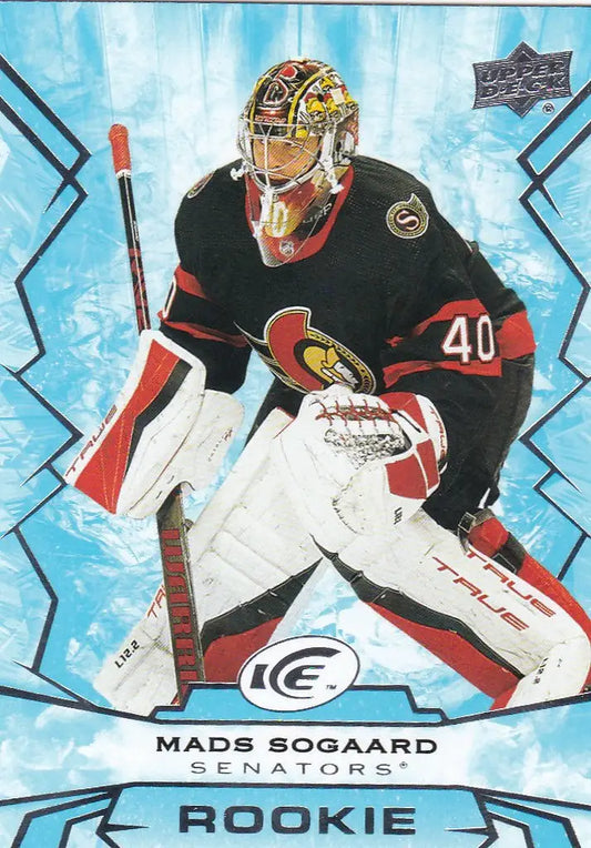 Ice hockey goaltender in 40 jersey, featured in Upper Deck Ice Mads Sogaard Rookie RC Ottawa