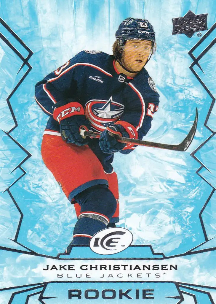 Hockey player in Columbus Blue Jackets uniform, Jake Christiansen Rookie RC Upper Deck Ice