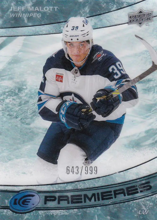 Hockey player in white navy jersey number 39 from Upper Deck Ice Jeff Malott Premiere Winnipeg