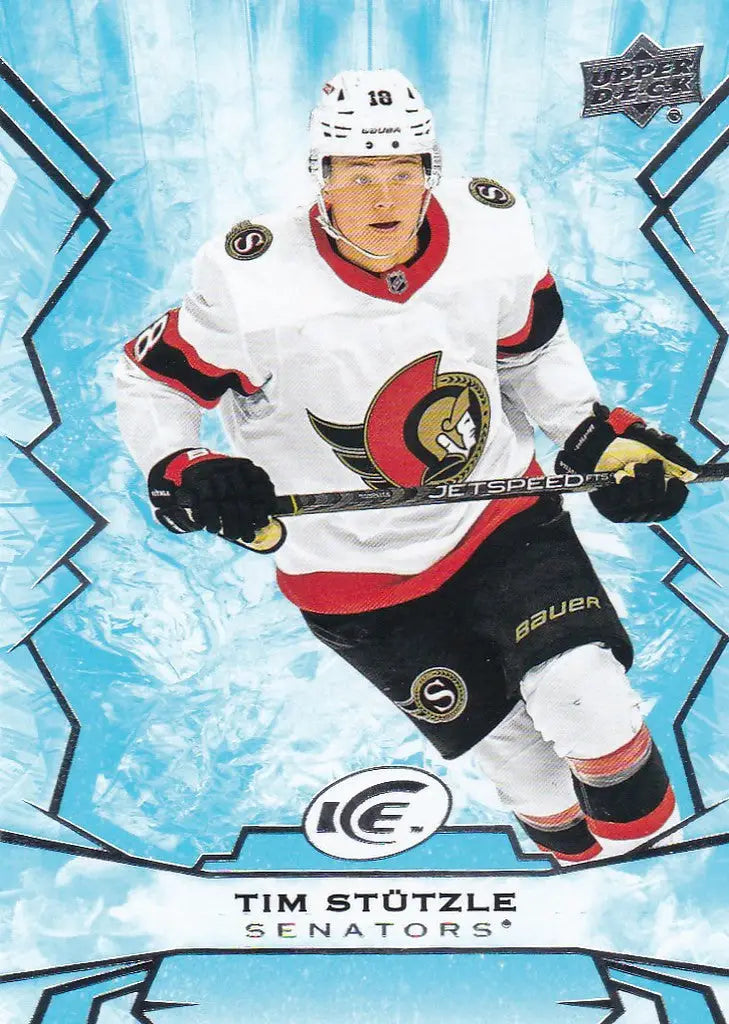 Hockey player in white Ottawa Senators jersey, showcasing Upper Deck Ice Tim Stutzle Ottawa