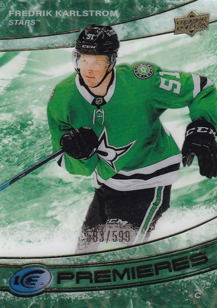 Hockey player in green Dallas Stars jersey number 51 from Upper Deck Ice Fredrik Karlstrom