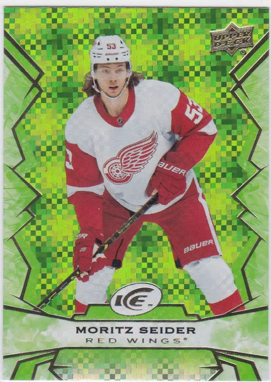 Hockey player in Detroit Red Wings jersey number 53 from Upper Deck Ice Moritz Seider Green