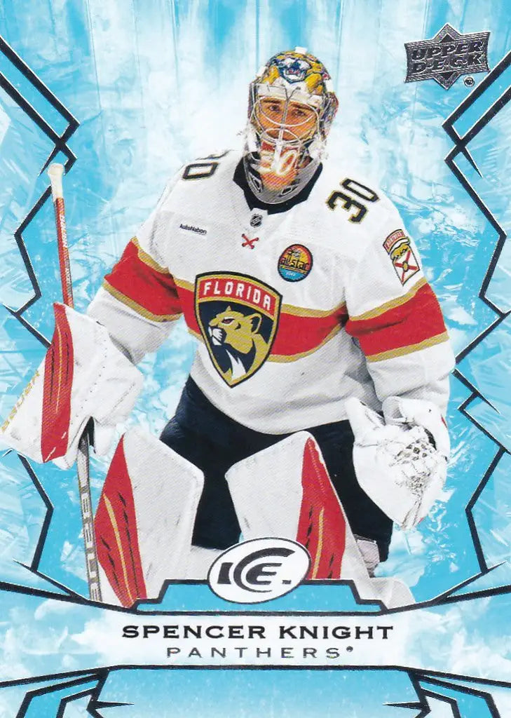 Ice hockey goalie in Florida Panthers jersey, showcasing Upper Deck Ice Spencer Knight