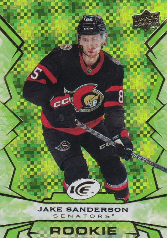 Hockey trading card of Jake Sanderson from Upper Deck Ice Green Ottawa Senators 2022-23