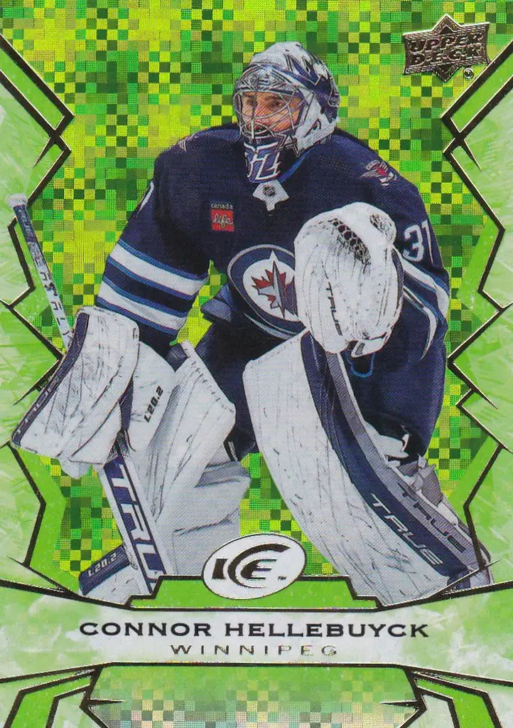 Hockey goalie Connor Hellebuyck in Winnipeg Jets uniform for Upper Deck Ice Green