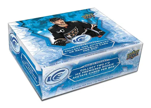 Hockey trading card box featuring blue and white ice design for 2022-23 Upper Deck Ice base set