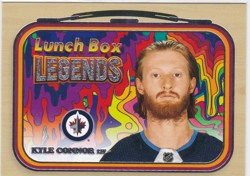 Colorful retro Kyle Connor lunch box with hockey player portrait and psychedelic design