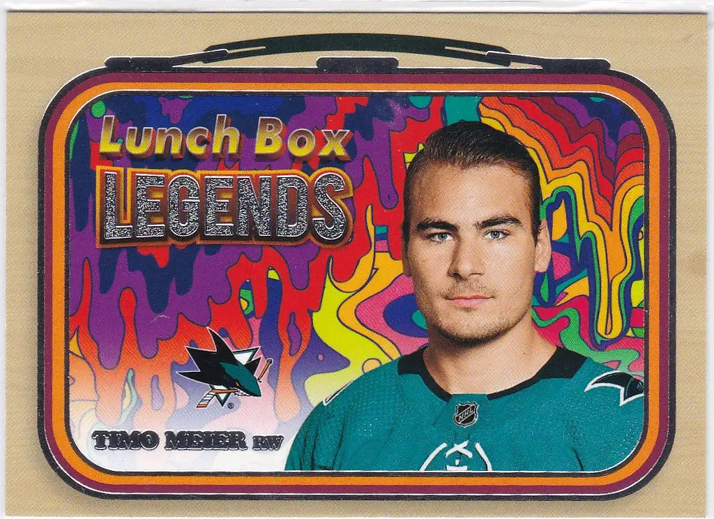 Colorful retro Timo Meier Lunchbox featuring a hockey player and psychedelic design