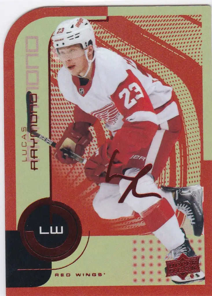 Hockey player in Detroit Red Wings jersey representing Lucas Raymond Upper Deck MVP card