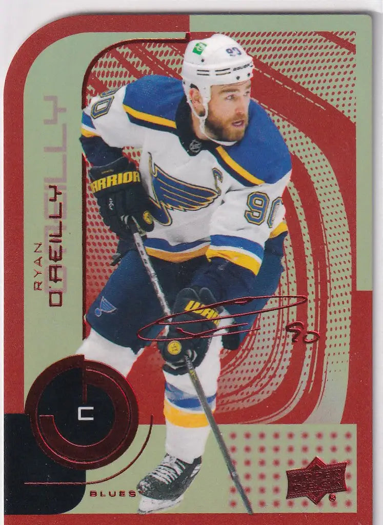 Hockey player in St. Louis Blues jersey showcasing Upper Deck MVP Diecut Ryan O’Reilly