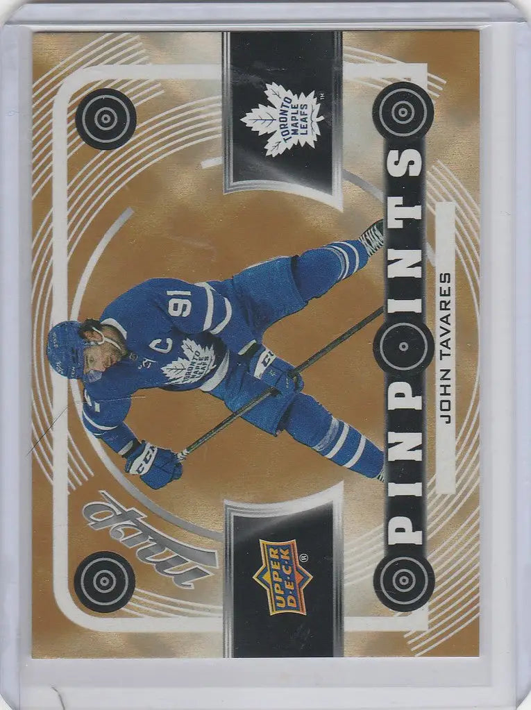 Hockey trading card of John Tavares in blue jersey, Upper Deck MVP Pinpoints Gold