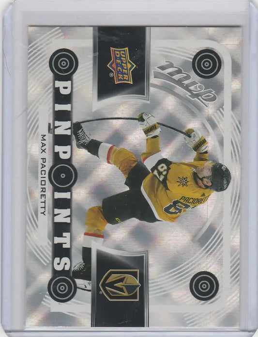 Hockey trading card of Max Pacioretty Vegas Golden Knights in yellow jersey making a slap shot