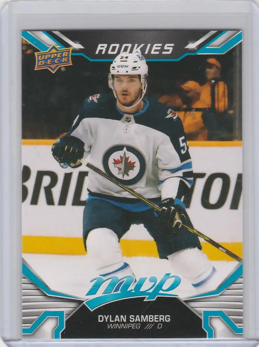 Hockey trading card of Dylan Samberg in Winnipeg Jets white jersey, Upper Deck MVP