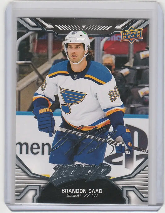 Hockey trading card of Brandon Saad in a St. Louis Blues white jersey from Upper Deck MVP Silver Script