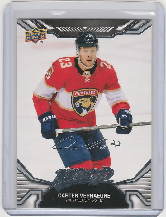 Hockey trading card of Carter Verhaeghe in red jersey for Upper Deck MVP Silver Script