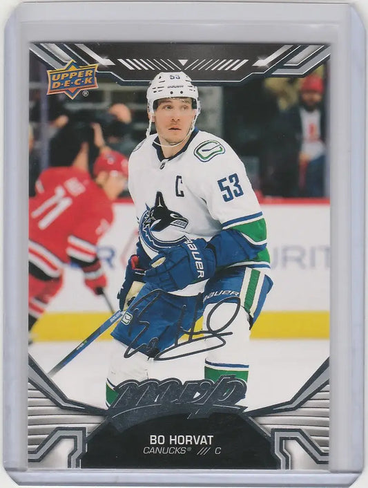 Hockey trading card of Vancouver Canucks player Bo Horvat, 2022-23 Upper Deck MVP Silver Script