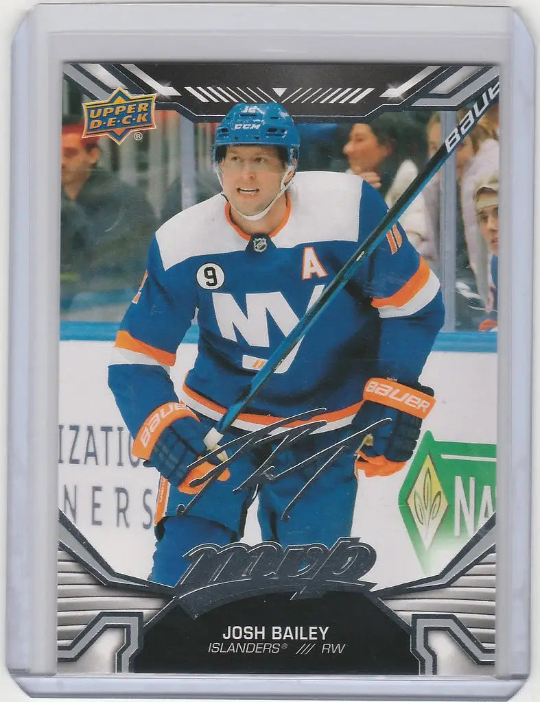 Hockey trading card of Josh Bailey in blue and orange jersey, Upper Deck MVP Silver Script