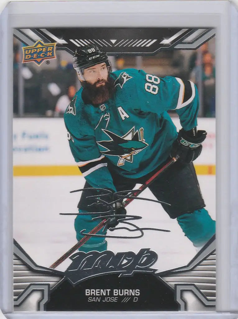 Hockey trading card of Brent Burns in jersey number 88 from Upper Deck MVP Silver Script