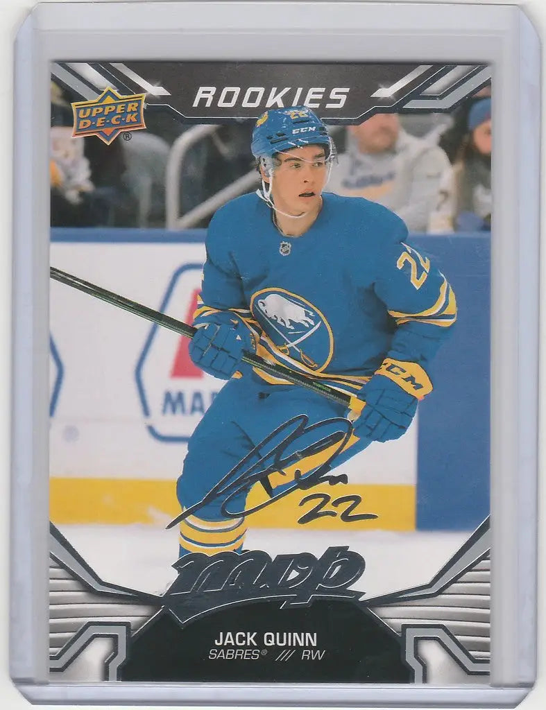 Hockey trading card of Jack Quinn in Buffalo Sabres jersey, Upper Deck MVP Silver Script