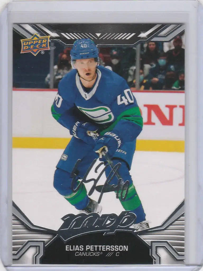 Hockey trading card of Elias Pettersson in 2022-23 Upper Deck MVP Silver Script design