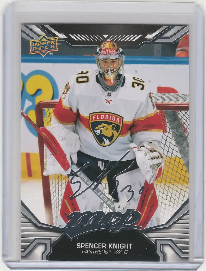 Hockey trading card featuring Spencer Knight in full gear from Upper Deck MVP Silver Script